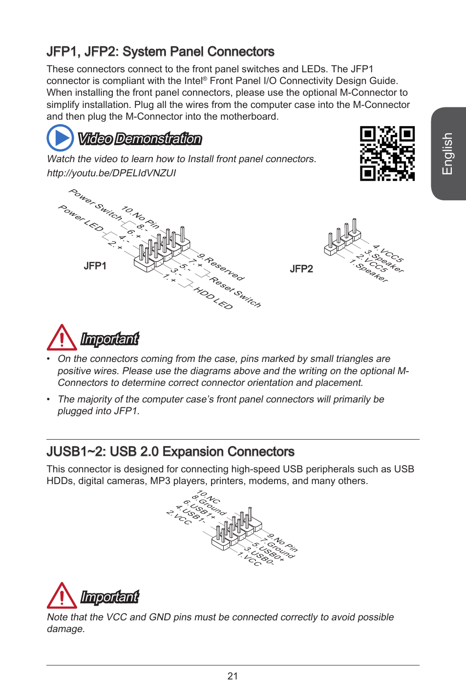 English, Jfp, jfp2: system panel connectors, Video demonstration | Important, Jusb~2: usb 2.0 expansion connectors | MSI H81M-E34 User Manual | Page 21 / 182