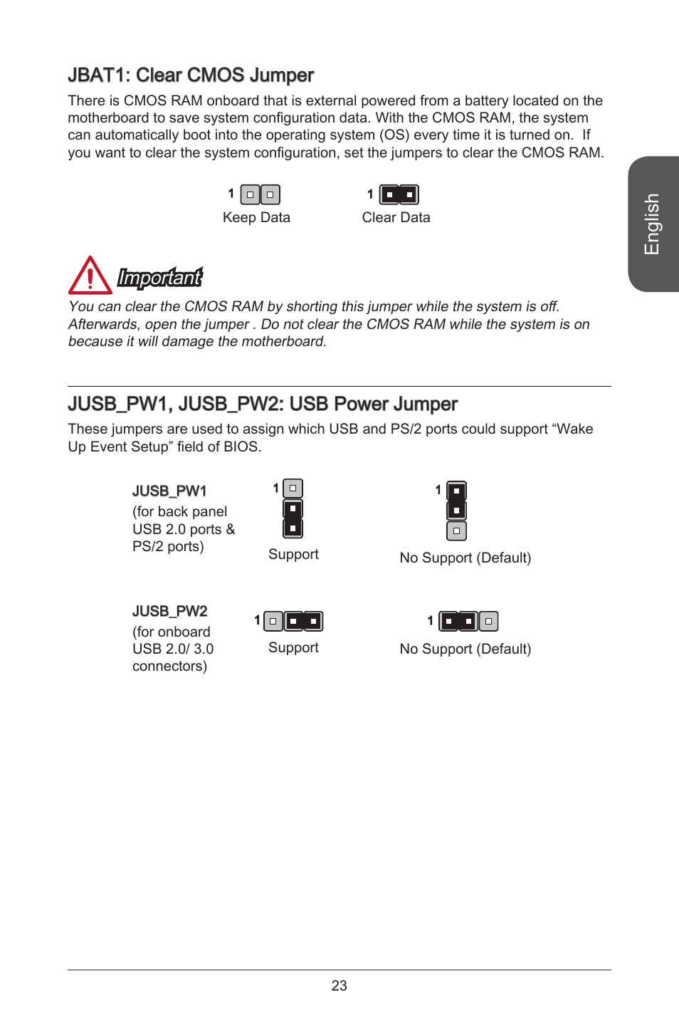 English, Jbat: clear cmos jumper, Important | Jusb_pw, jusb_pw2: usb power jumper | MSI H81M-E34 User Manual | Page 23 / 182