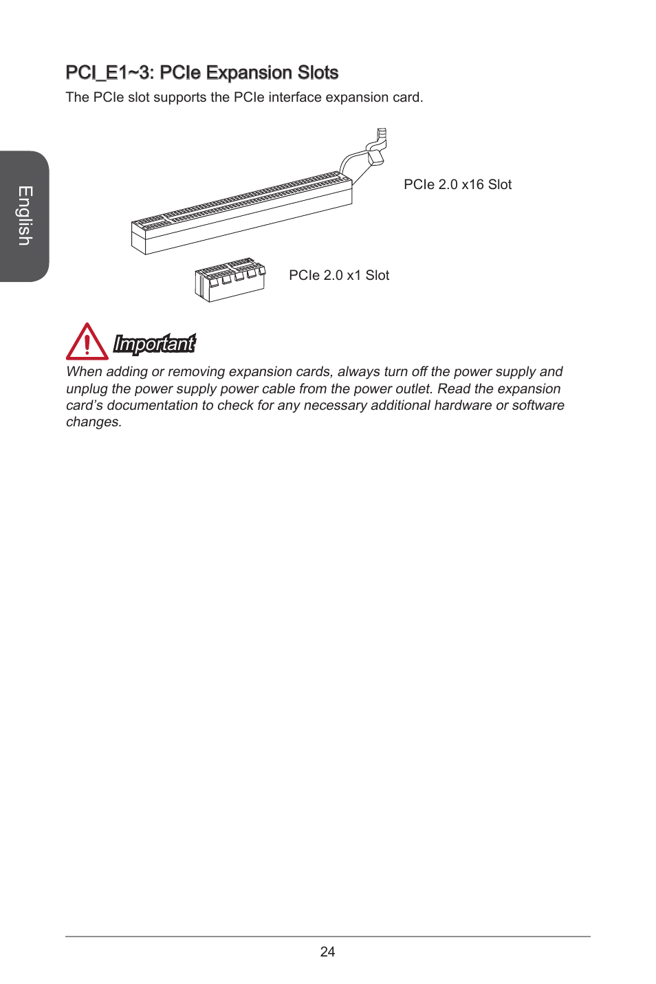 English, Pci_e~3: pcie expansion slots, Important | MSI H81M-E34 User Manual | Page 24 / 182