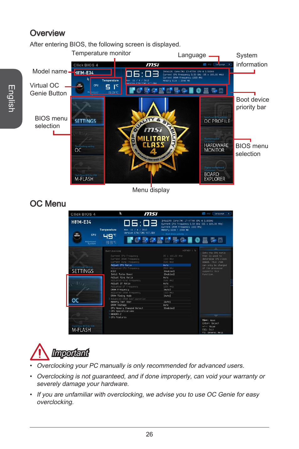 English, Overview, Oc menu important | MSI H81M-E34 User Manual | Page 26 / 182