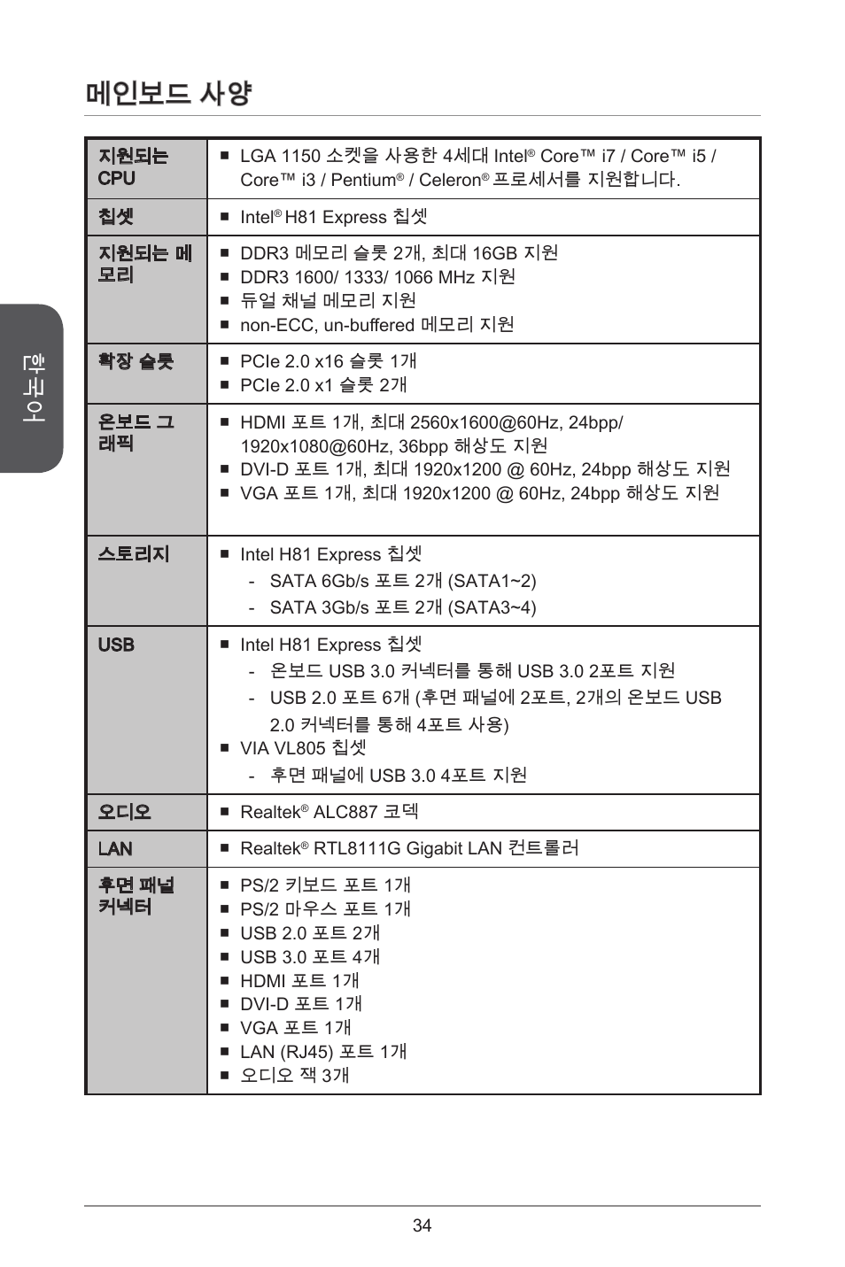 메인보드 사양 | MSI H81M-E34 User Manual | Page 34 / 182