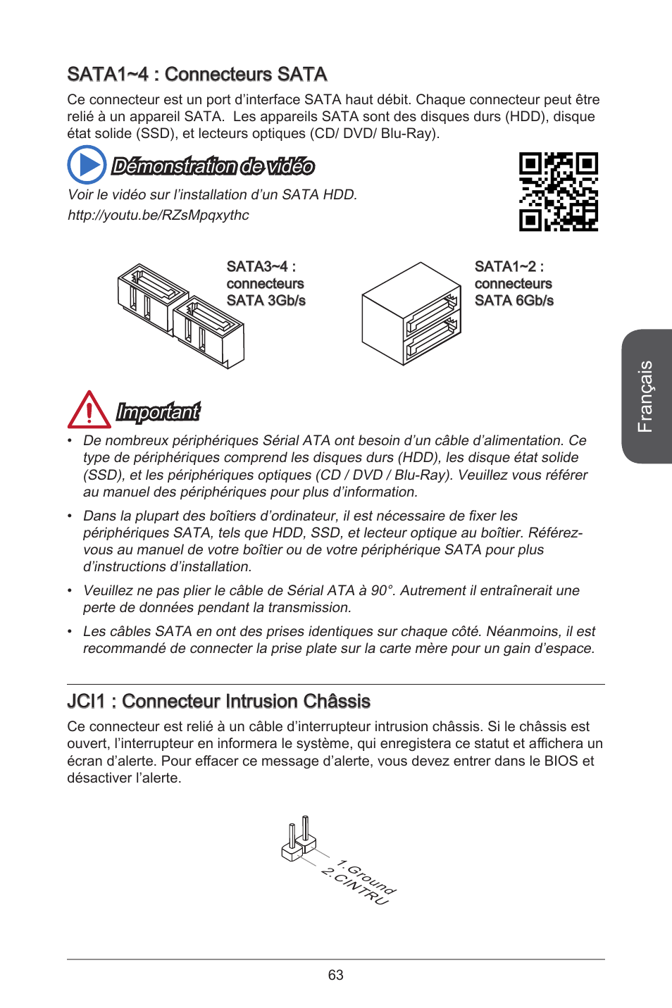 Français, Sata~4 : connecteurs sata, Démonstration de vidéo | Important, Jci : connecteur intrusion châssis | MSI H81M-E34 User Manual | Page 63 / 182