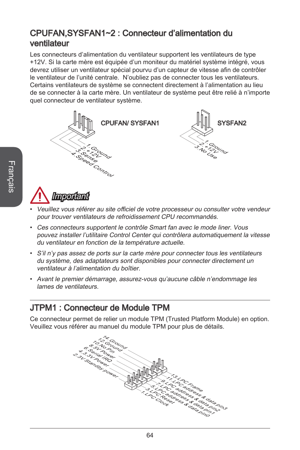 Français, Important, Jtpm : connecteur de module tpm | MSI H81M-E34 User Manual | Page 64 / 182