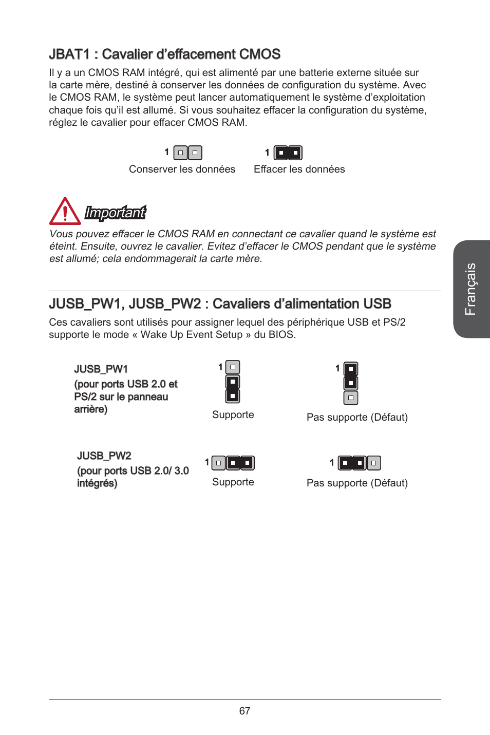 Français, Jbat : cavalier d’effacement cmos, Important | Jusb_pw, jusb_pw2 : cavaliers d’alimentation usb | MSI H81M-E34 User Manual | Page 67 / 182