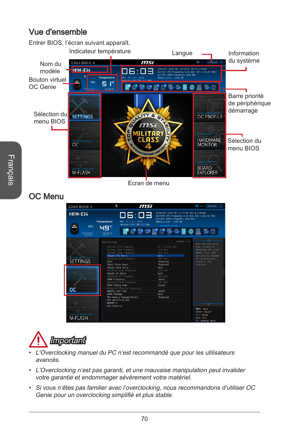 Français, Vue d'ensemble, Oc menu important | MSI H81M-E34 User Manual | Page 70 / 182