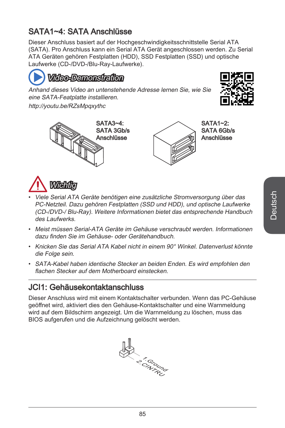 Deutsch, Sata~4: sata anschlüsse, Video-demonstration | Wichtig, Jci: gehäusekontaktanschluss | MSI H81M-E34 User Manual | Page 85 / 182