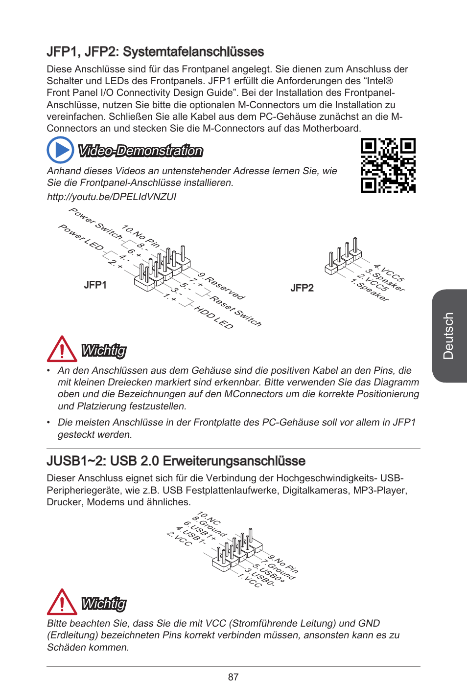 Deutsch, Jfp, jfp2: systemtafelanschlüsses, Video-demonstration | Wichtig, Jusb~2: usb 2.0 erweiterungsanschlüsse | MSI H81M-E34 User Manual | Page 87 / 182
