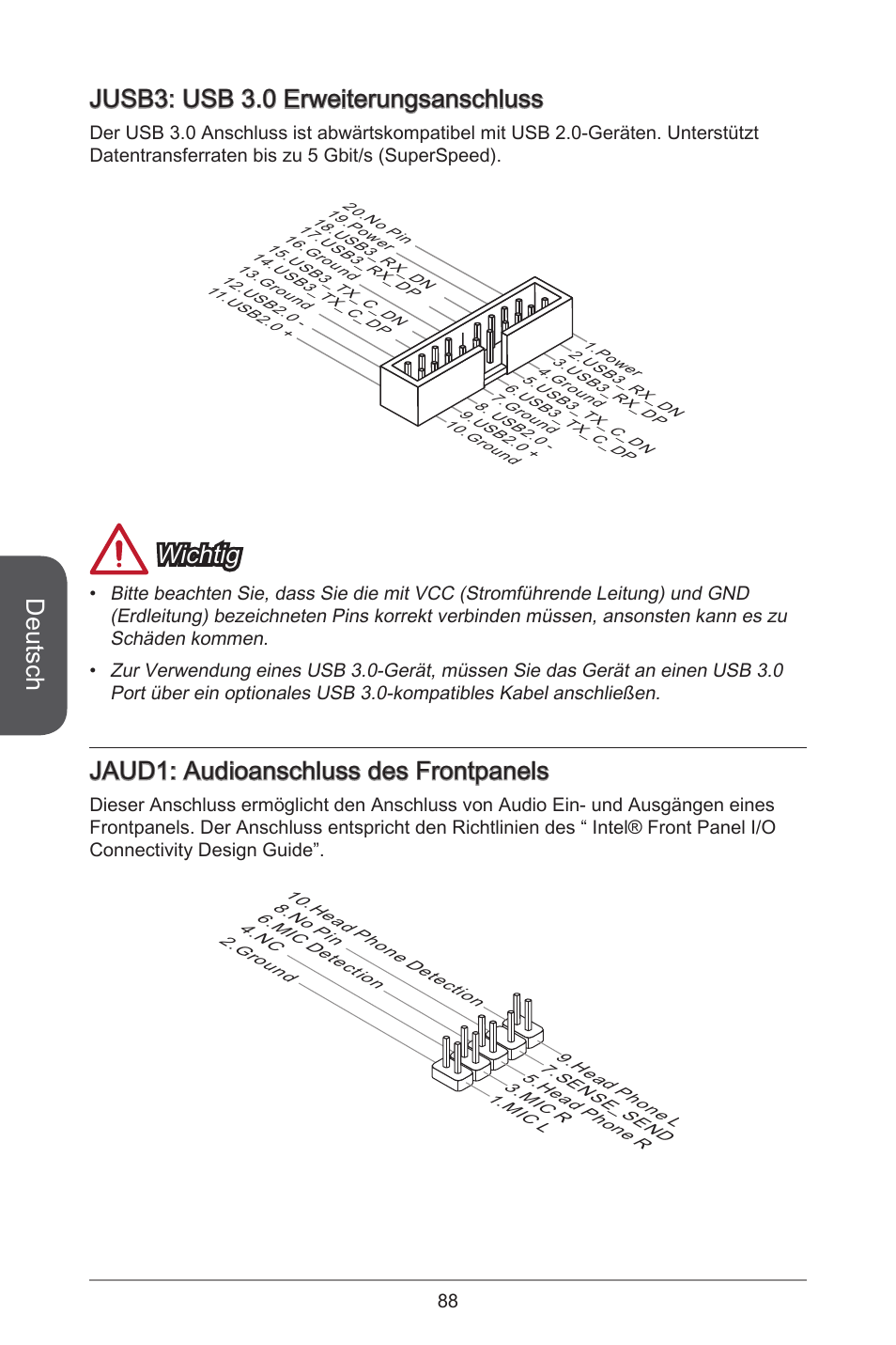 Deutsch, Jusb3: usb 3.0 erweiterungsanschluss, Wichtig | Jaud: audioanschluss des frontpanels | MSI H81M-E34 User Manual | Page 88 / 182