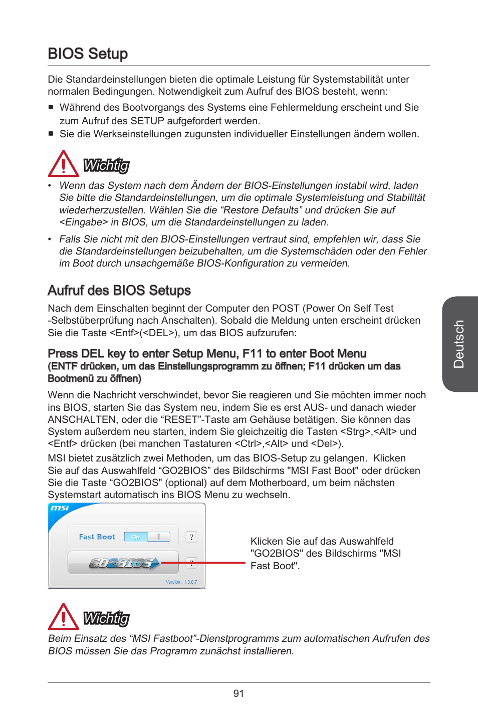 Bios setup, Deutsch, Wichtig | Aufruf des bios setups | MSI H81M-E34 User Manual | Page 91 / 182