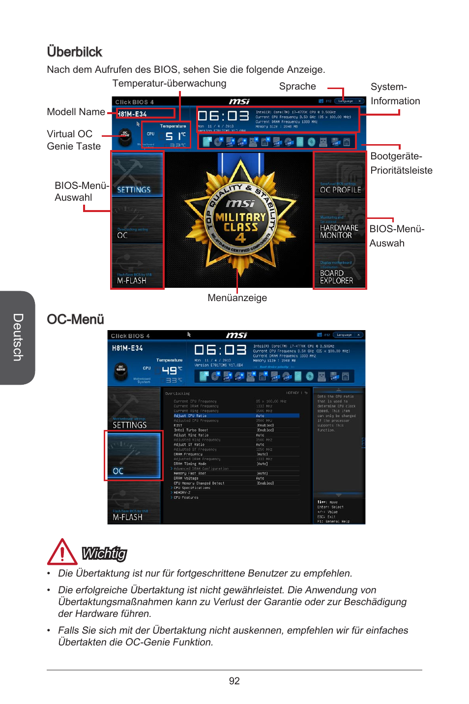 Deutsch, Überbilck, Oc-menü wichtig | MSI H81M-E34 User Manual | Page 92 / 182