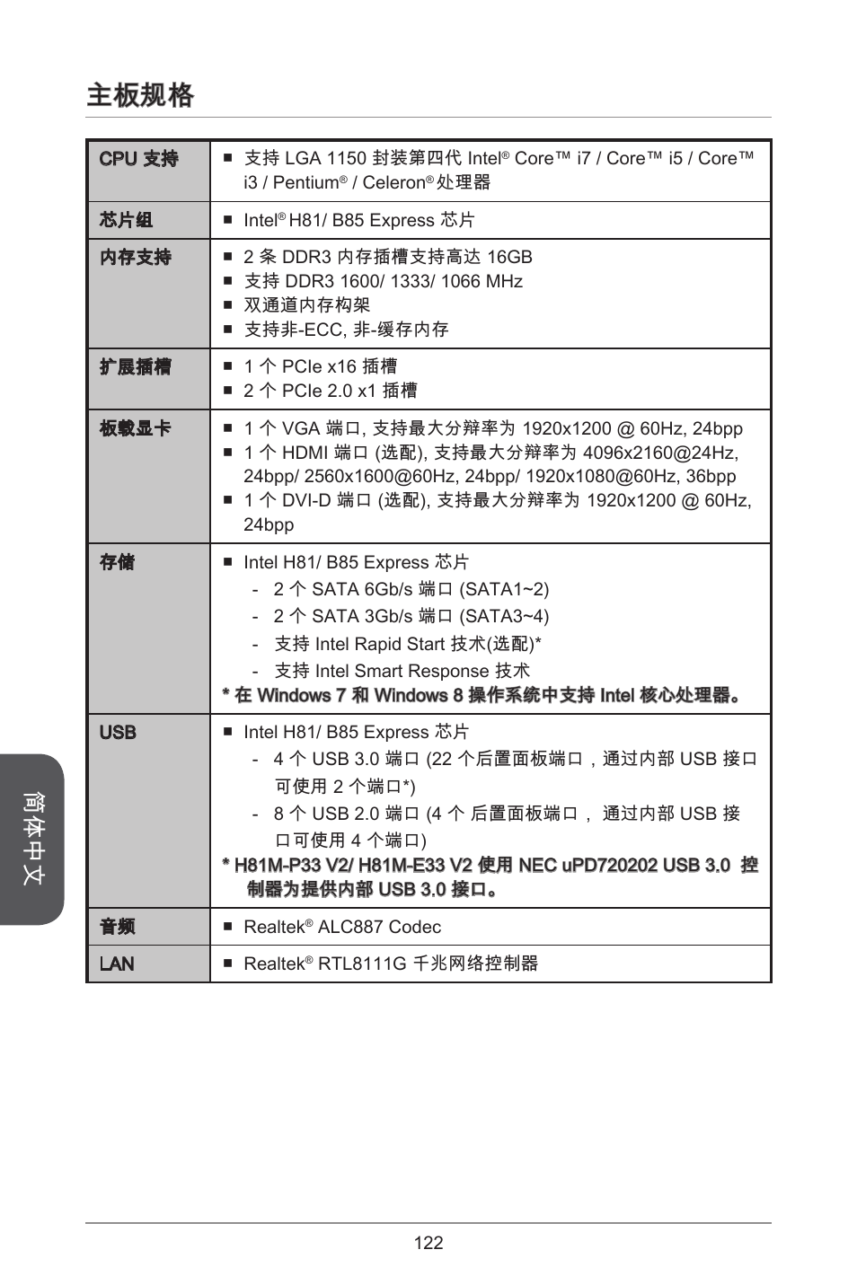 主板规格, 简体中文 | MSI H81M-E33 V2 User Manual | Page 122 / 182