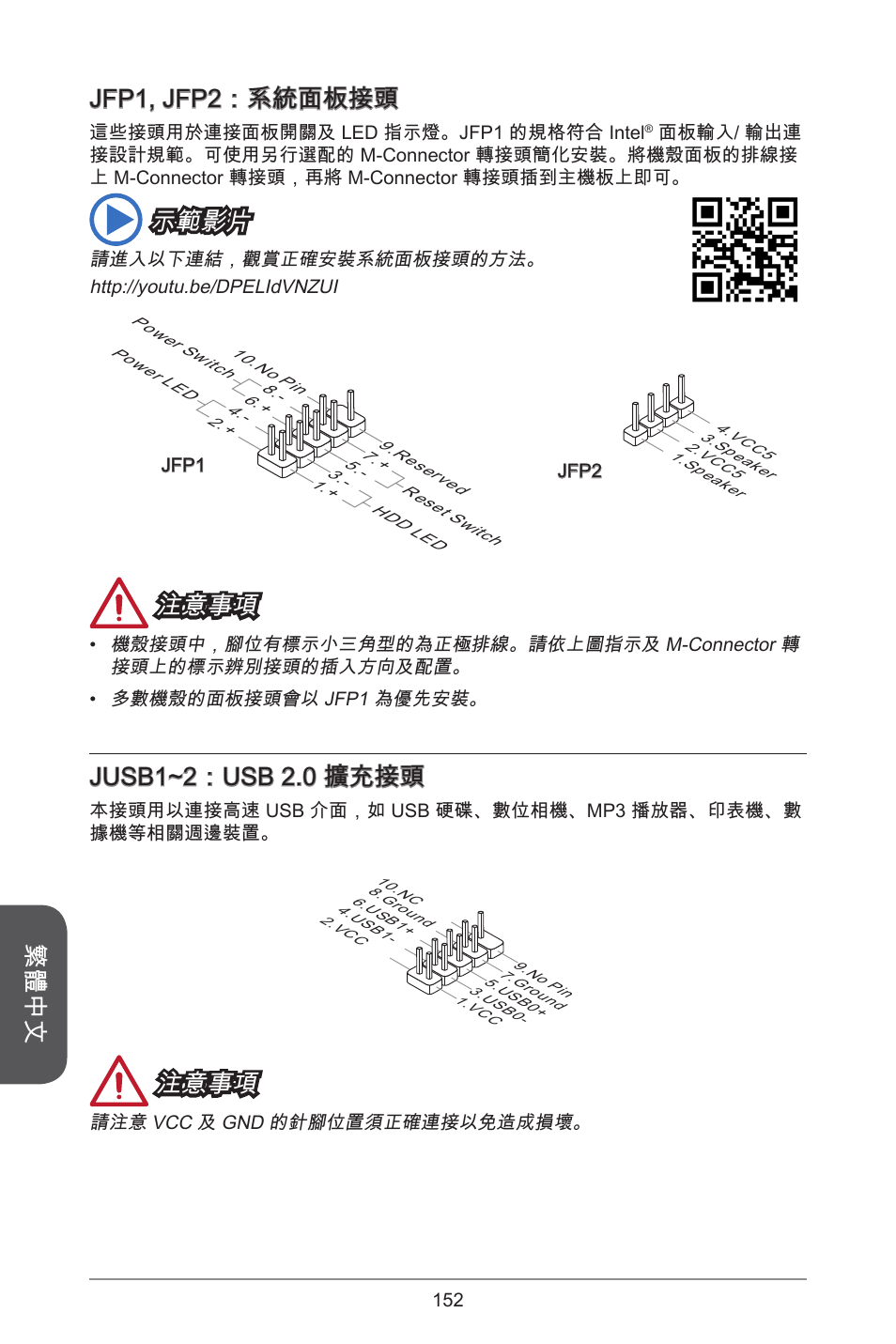 繁體中文, Jfp, jfp2：系統面板接頭, 示範影片 | 注意事項, Jusb~2：usb 2.0 擴充接頭 | MSI H81M-E33 V2 User Manual | Page 152 / 182