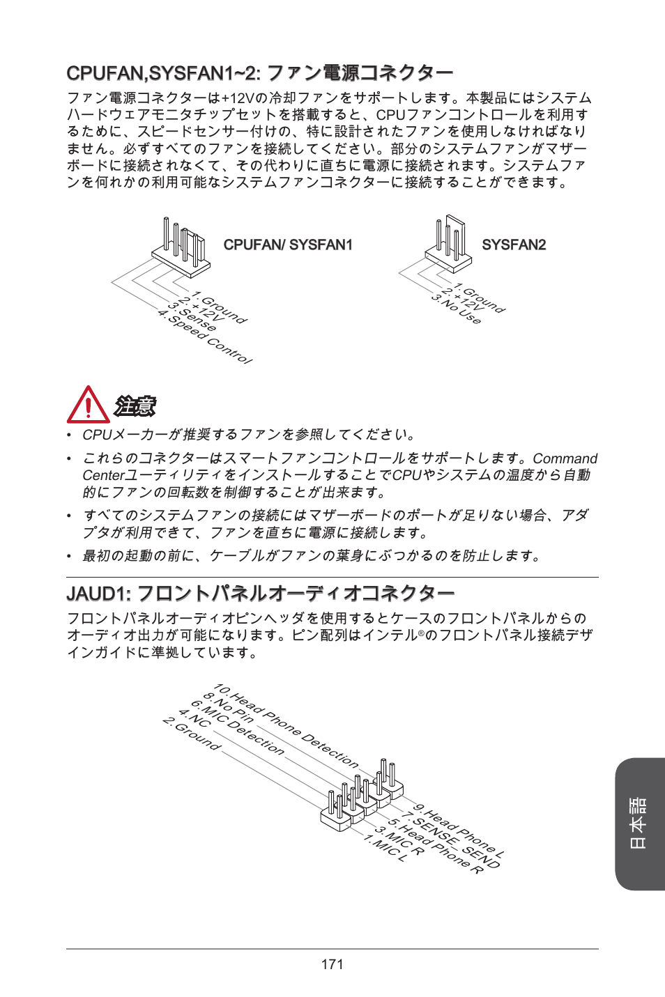 Cpufan,sysfan~2: ファン電源コネクター, Jaud: フロントパネルオーディオコネクター | MSI H81M-E33 V2 User Manual | Page 171 / 182