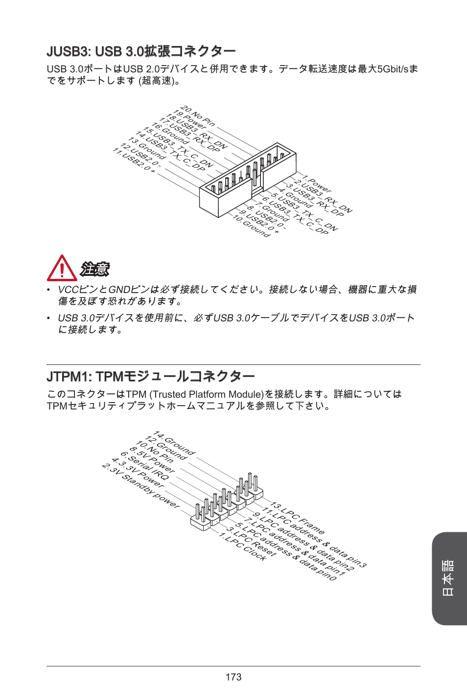 Jusb3: usb 3.0拡張コネクター, Jtpm: tpmモジュールコネクター | MSI H81M-E33 V2 User Manual | Page 173 / 182