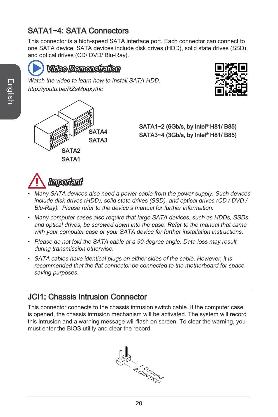 English, Sata~4: sata connectors, Video demonstration | Important, Jci: chassis intrusion connector | MSI H81M-E33 V2 User Manual | Page 20 / 182