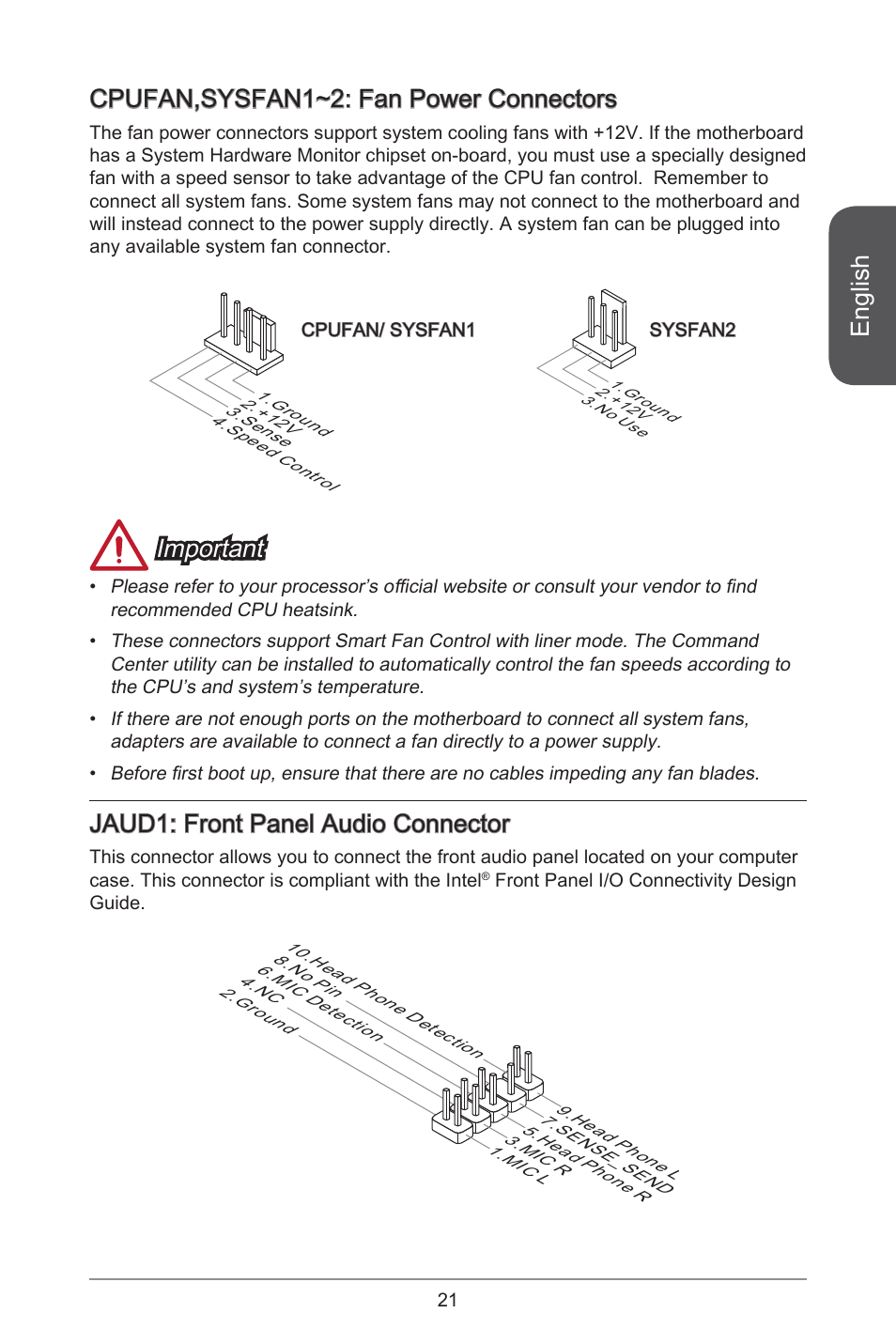 English, Cpufan,sysfan~2: fan power connectors, Important | Jaud: front panel audio connector | MSI H81M-E33 V2 User Manual | Page 21 / 182