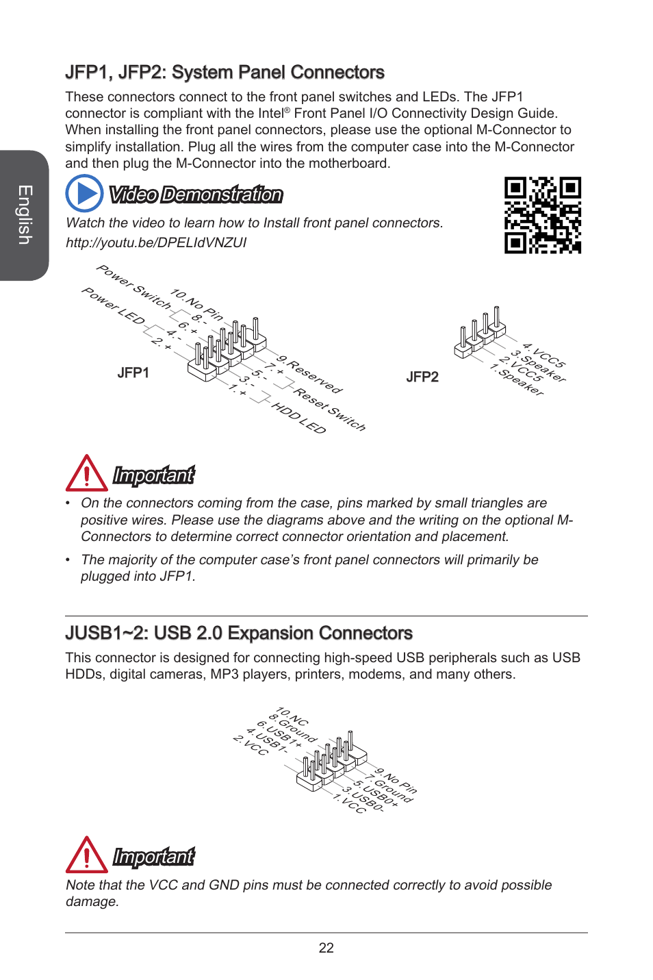 English, Jfp, jfp2: system panel connectors, Video demonstration | Important, Jusb~2: usb 2.0 expansion connectors | MSI H81M-E33 V2 User Manual | Page 22 / 182