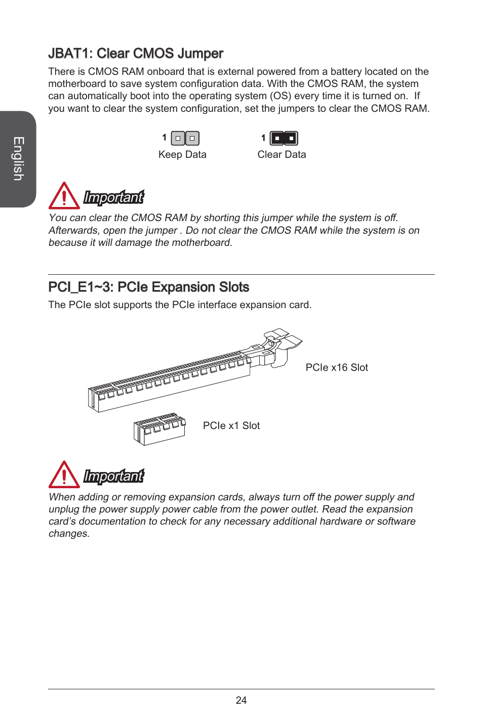 English, Jbat: clear cmos jumper, Important | Pci_e~3: pcie expansion slots | MSI H81M-E33 V2 User Manual | Page 24 / 182