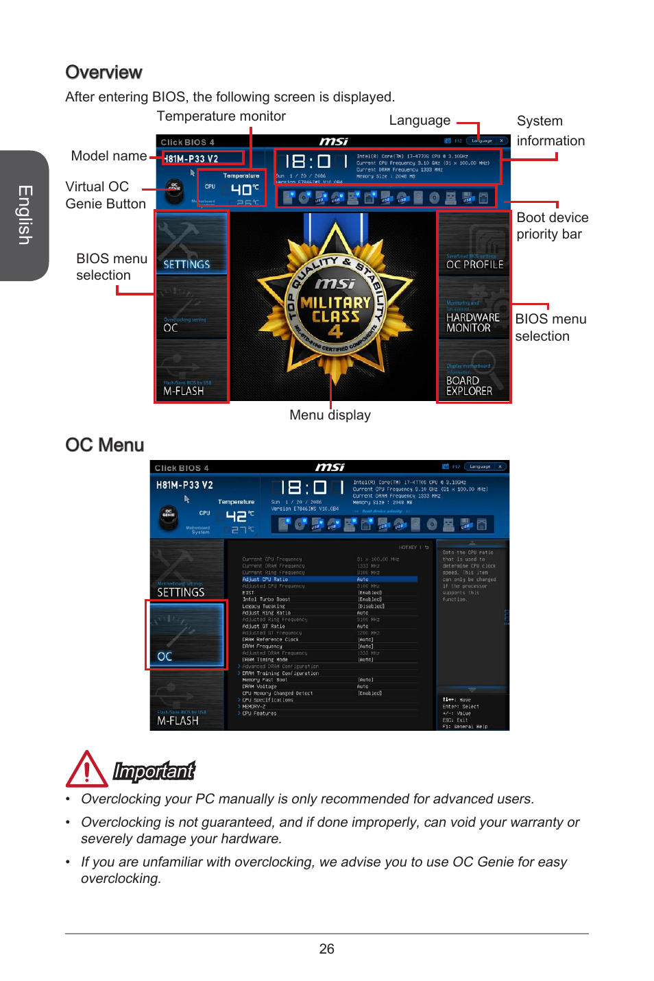 English, Overview, Oc menu important | MSI H81M-E33 V2 User Manual | Page 26 / 182