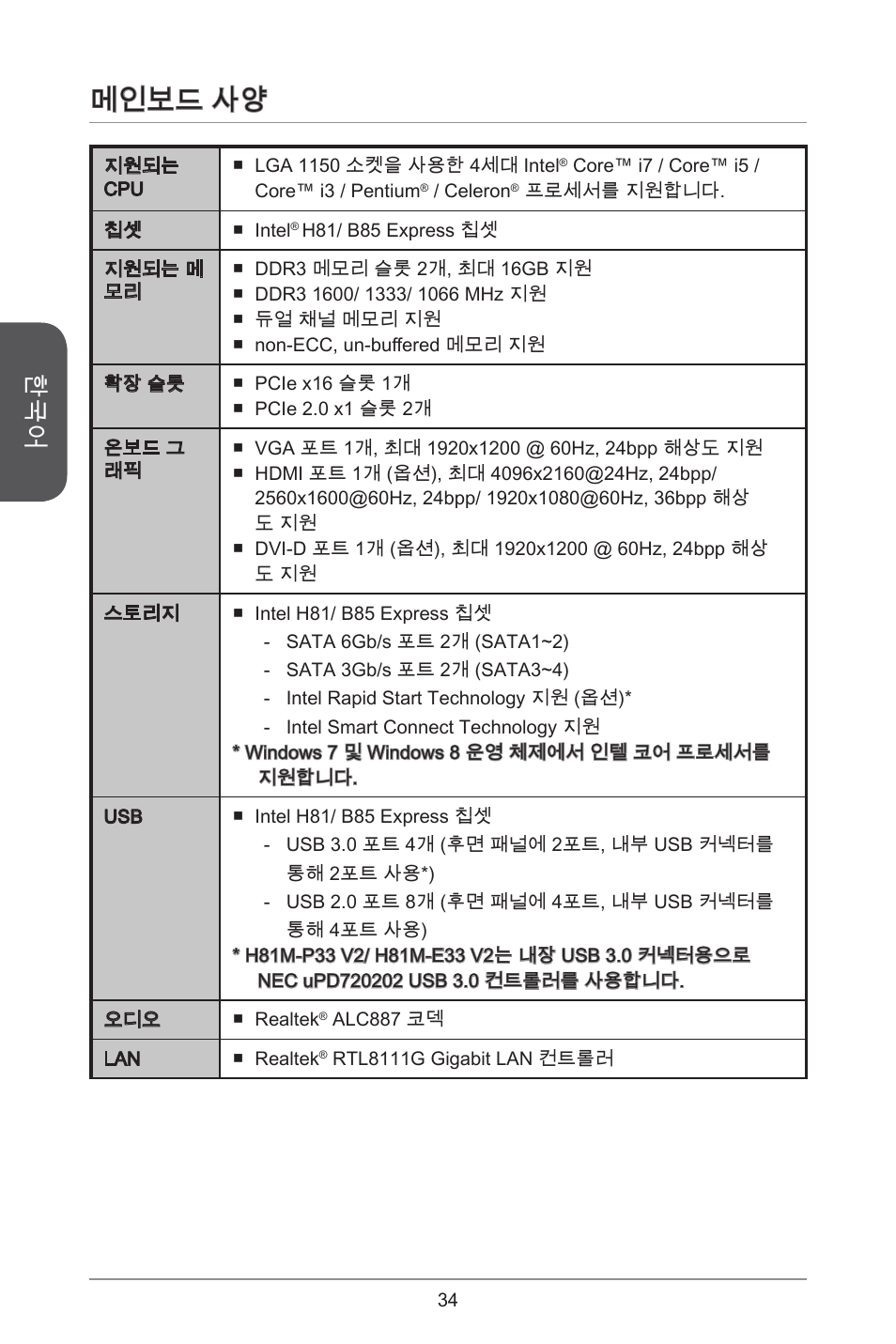 메인보드 사양 | MSI H81M-E33 V2 User Manual | Page 34 / 182