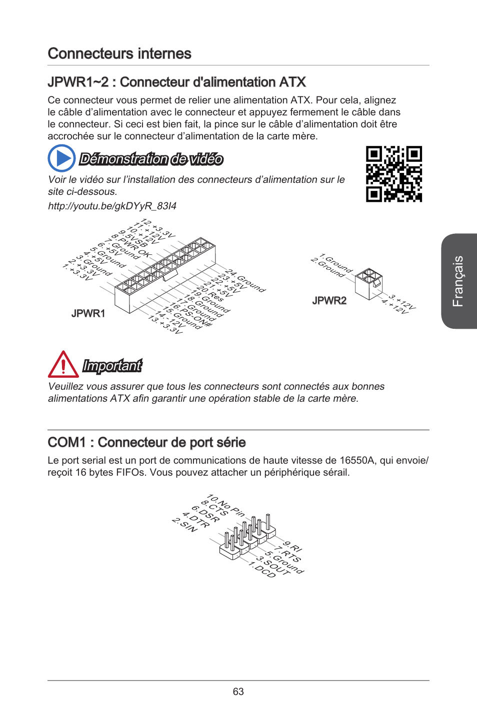 Connecteurs internes, Français, Jpwr~2 : connecteur d'alimentation atx | Démonstration de vidéo, Important, Com : connecteur de port série | MSI H81M-E33 V2 User Manual | Page 63 / 182