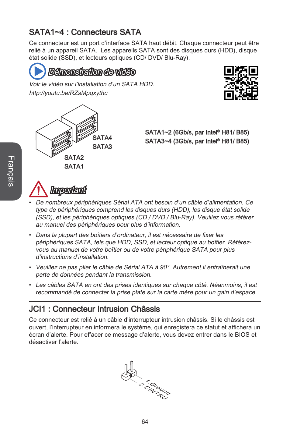 Français, Sata~4 : connecteurs sata, Démonstration de vidéo | Important, Jci : connecteur intrusion châssis | MSI H81M-E33 V2 User Manual | Page 64 / 182