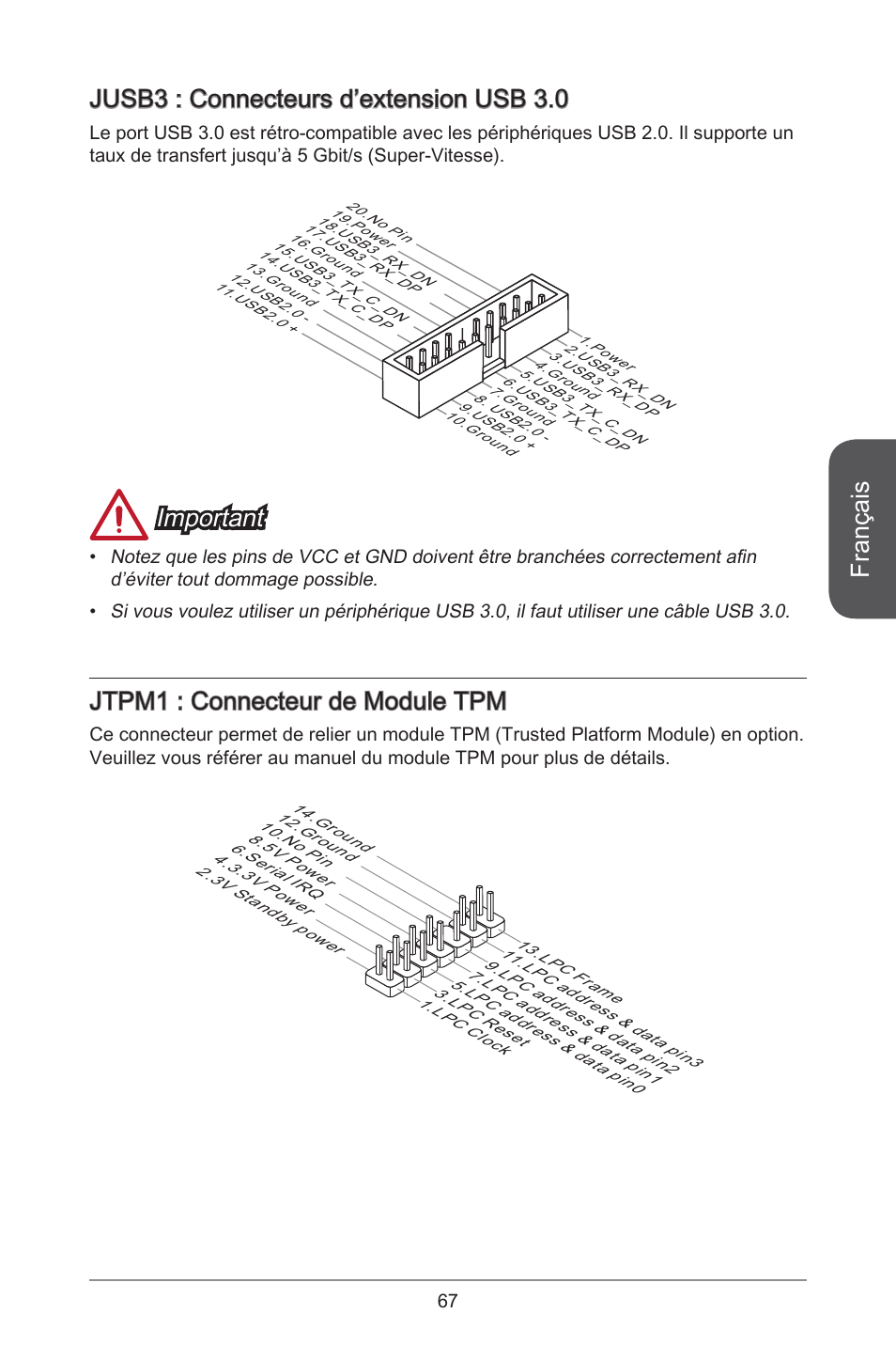 Français, Jusb3 : connecteurs d’extension usb 3.0, Important | Jtpm : connecteur de module tpm | MSI H81M-E33 V2 User Manual | Page 67 / 182