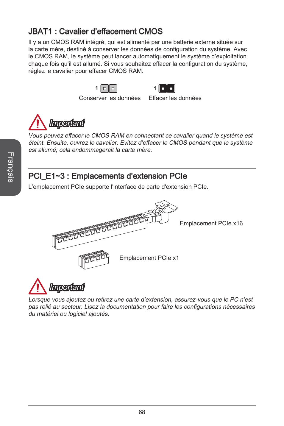 Français, Jbat : cavalier d’effacement cmos, Important | Pci_e~3 : emplacements d’extension pcie | MSI H81M-E33 V2 User Manual | Page 68 / 182