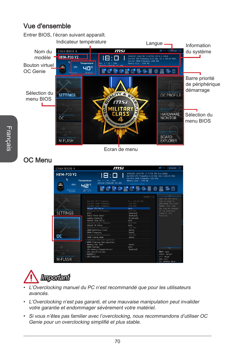 Français, Vue d'ensemble, Oc menu important | MSI H81M-E33 V2 User Manual | Page 70 / 182