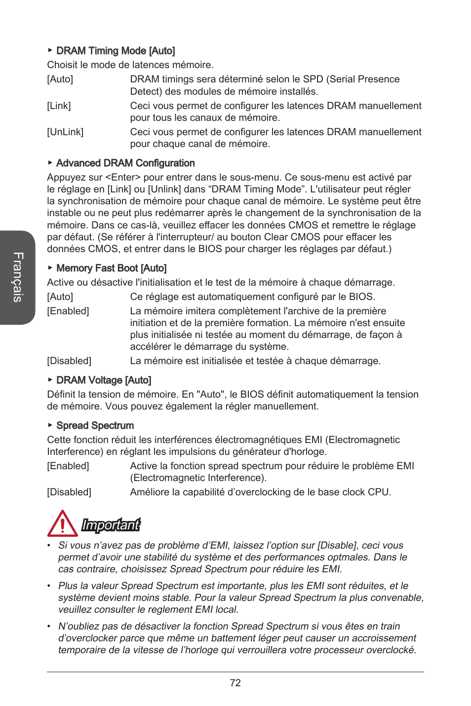 Français, Important | MSI H81M-E33 V2 User Manual | Page 72 / 182