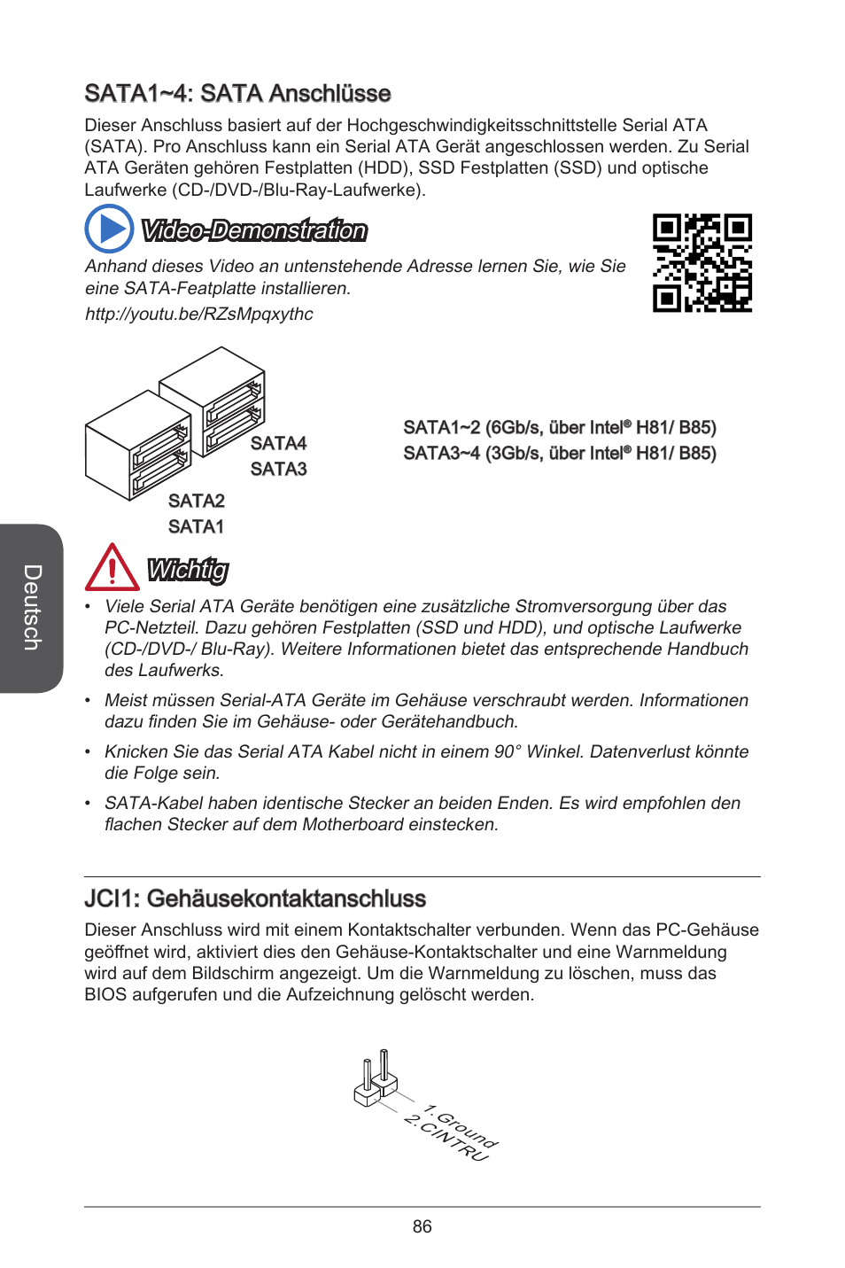 Deutsch, Sata~4: sata anschlüsse, Video-demonstration | Wichtig, Jci: gehäusekontaktanschluss | MSI H81M-E33 V2 User Manual | Page 86 / 182