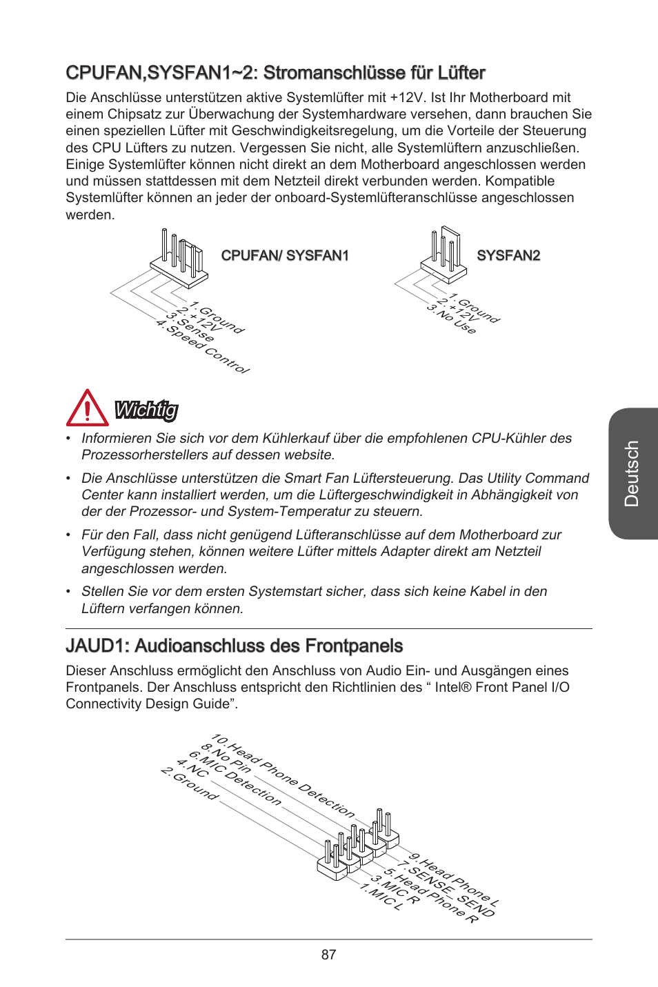 Deutsch, Cpufan,sysfan~2: stromanschlüsse für lüfter, Wichtig | Jaud: audioanschluss des frontpanels | MSI H81M-E33 V2 User Manual | Page 87 / 182