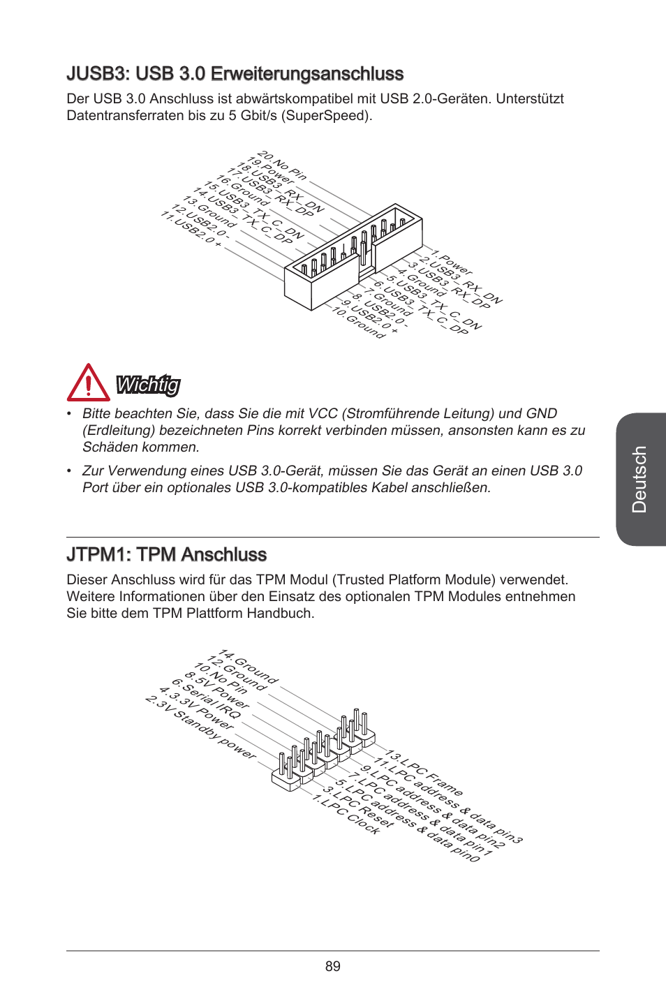 Deutsch, Jusb3: usb 3.0 erweiterungsanschluss, Wichtig | Jtpm: tpm anschluss | MSI H81M-E33 V2 User Manual | Page 89 / 182