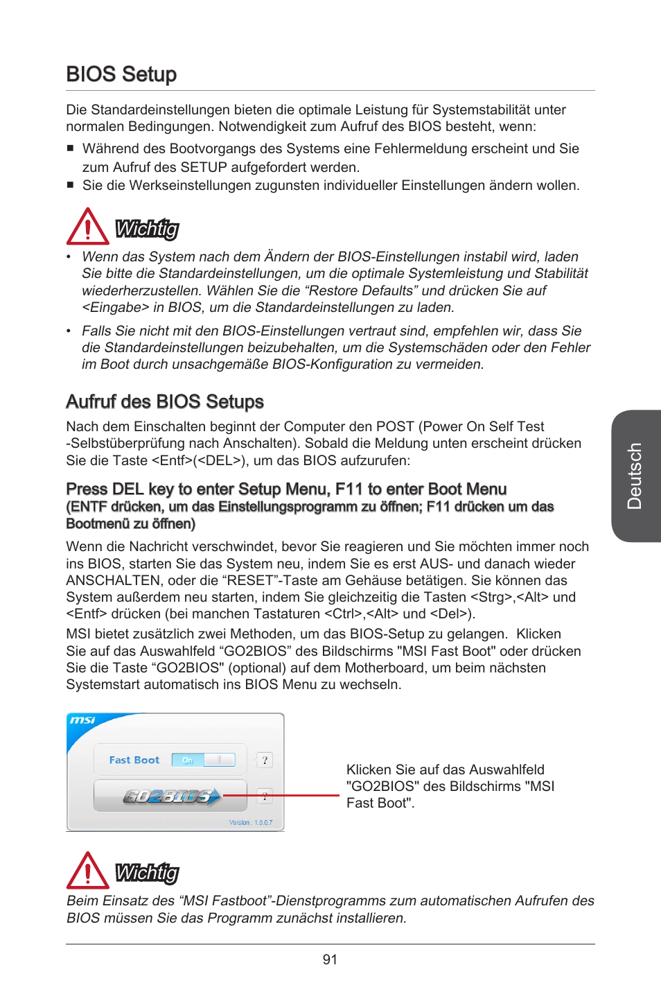 Bios setup, Deutsch, Wichtig | Aufruf des bios setups | MSI H81M-E33 V2 User Manual | Page 91 / 182