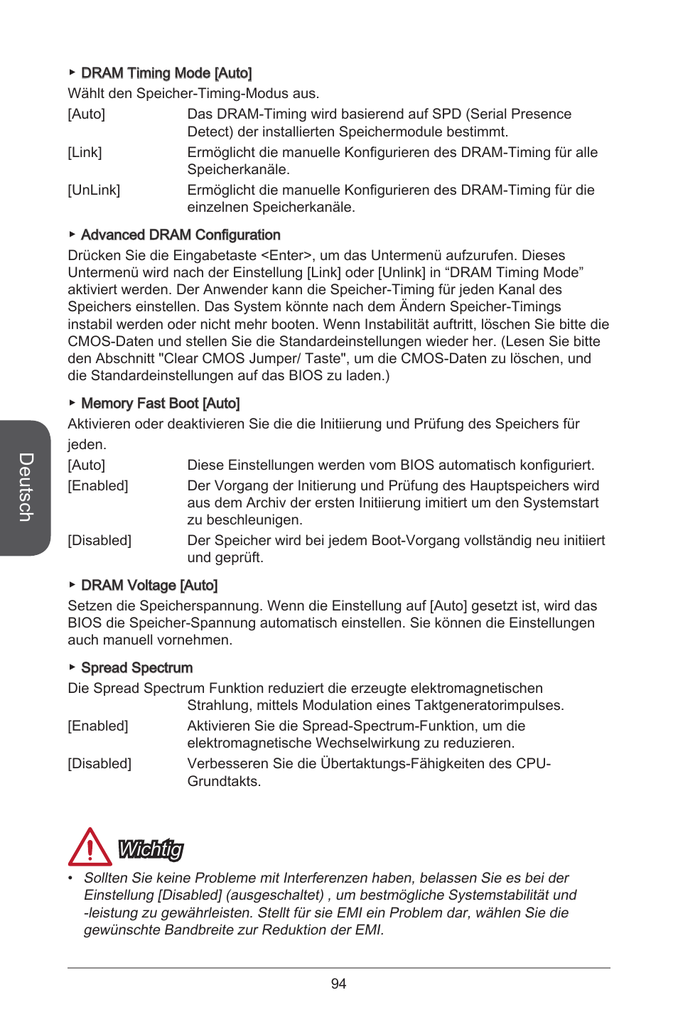 Deutsch, Wichtig | MSI H81M-E33 V2 User Manual | Page 94 / 182