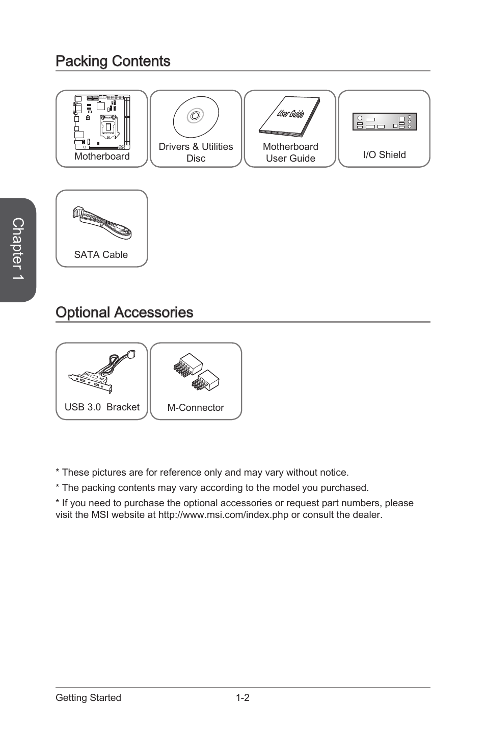 Packing contents -2 optional accessories -2, Chapter 1, Packing contents | Optional accessories | MSI H81I User Manual | Page 16 / 80