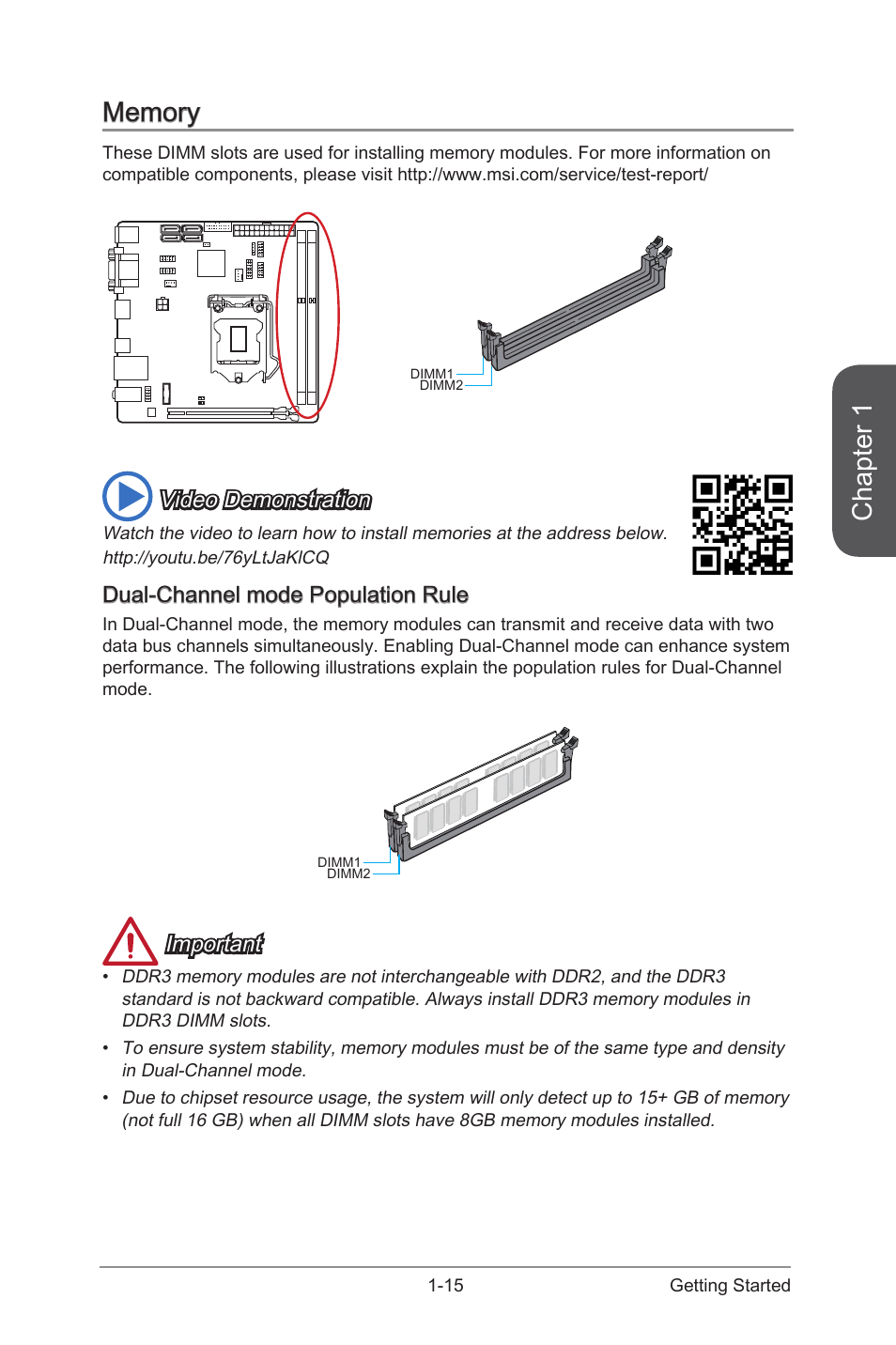 Memory -15, Dual-channel mode population rule -15, Chapter 1 | Video demonstration, Dual-channel mode population rule, Important | MSI H81I User Manual | Page 29 / 80