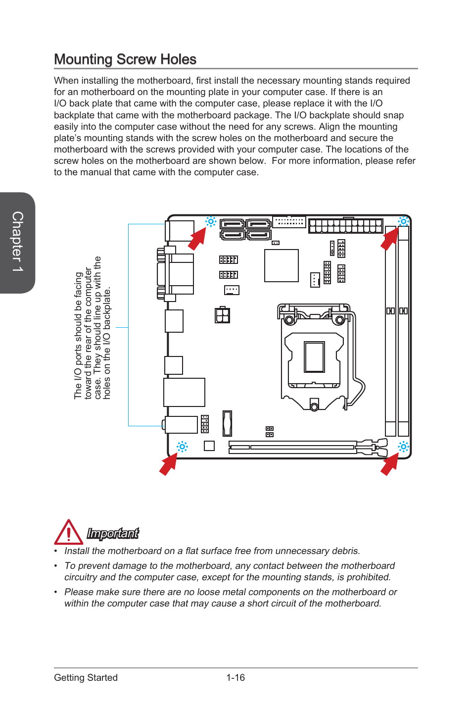 Mounting screw holes -16, Chapter 1, Mounting screw holes | Important | MSI H81I User Manual | Page 30 / 80