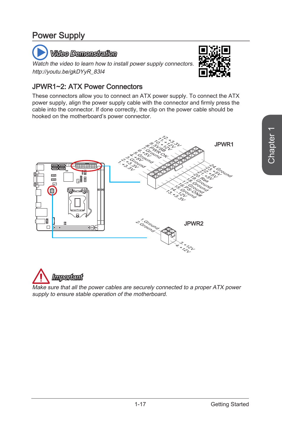 Power supply -17, Jpwr1~2: atx power connectors -17, Jpwr1~2 | Atx power connectors, Chapter 1, Power supply, Video demonstration, Jpwr1~2: atx power connectors, Important | MSI H81I User Manual | Page 31 / 80