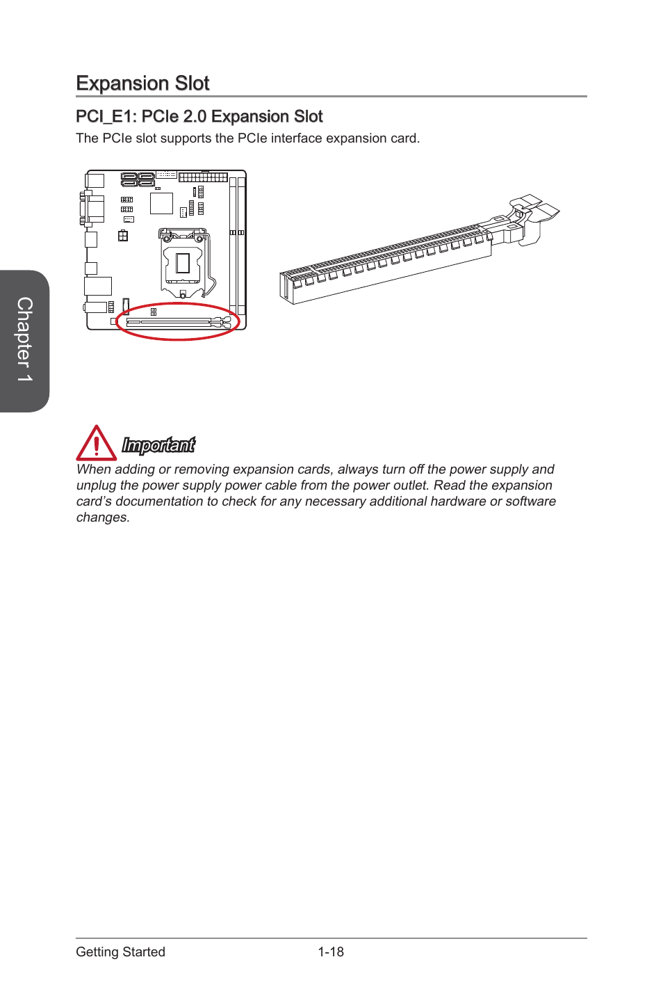 Expansion slot -18, Pci_e1: pcie 2.0 expansion slot -18, Pci_e1 | Pcie 2.0 expansion slot, Chapter 1, Expansion slot | MSI H81I User Manual | Page 32 / 80