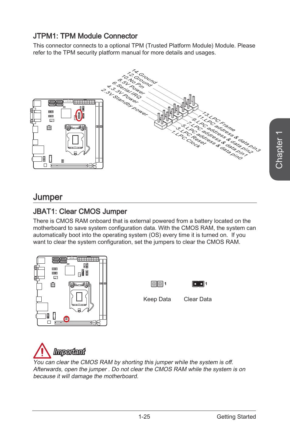 Jtpm1: tpm module connector -25, Jumper -25, Jbat1: clear cmos jumper -25 | Jbat1, Clear cmos jumper, Jtpm1, Tpm module connector, Chapter 1, Jumper, Jtpm1: tpm module connector | MSI H81I User Manual | Page 39 / 80