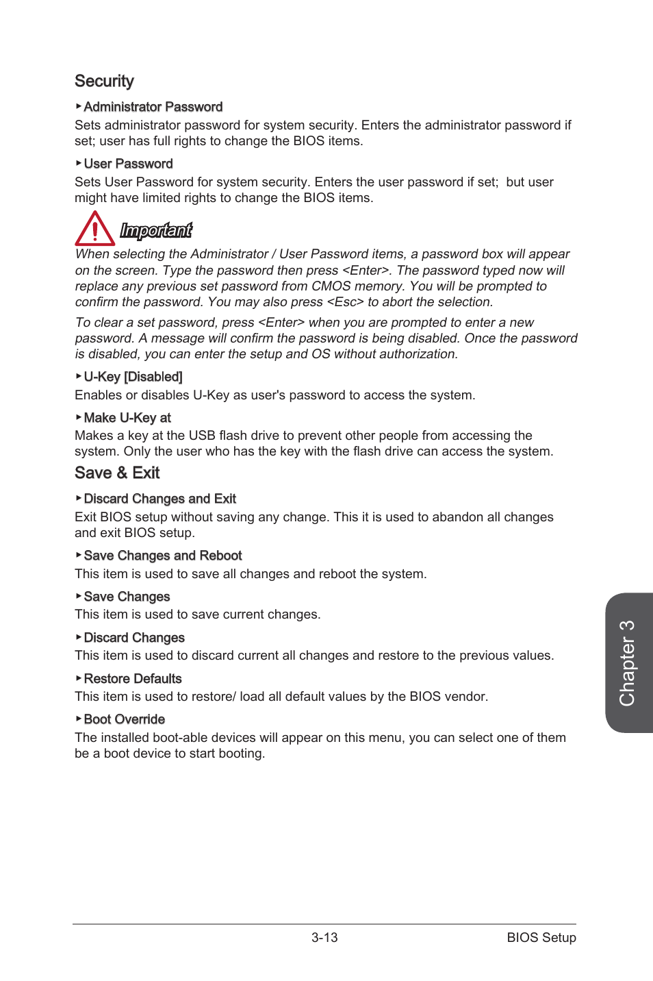 Security -13 save & exit -13, Chapter 3, Security | Important, Save & exit | MSI H81I User Manual | Page 67 / 80