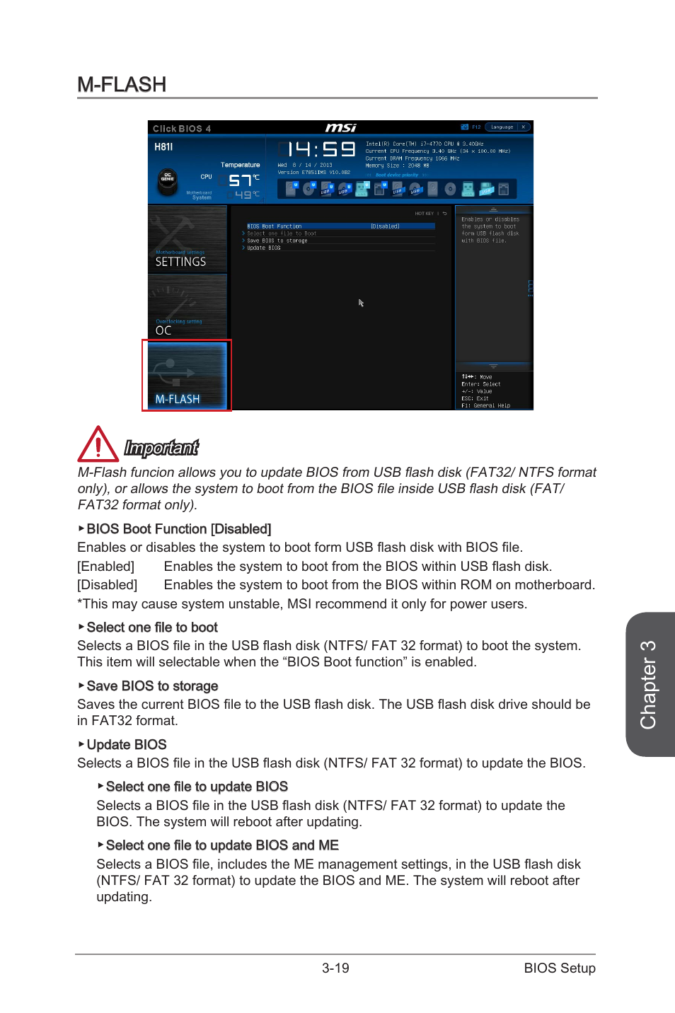 M-flash -19, Chapter 3, M-flash | Important | MSI H81I User Manual | Page 73 / 80