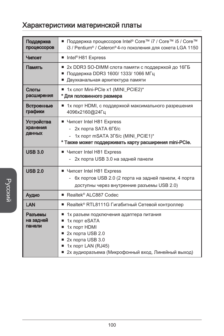 Характеристики материнской платы, Русский | MSI H81TI User Manual | Page 100 / 186
