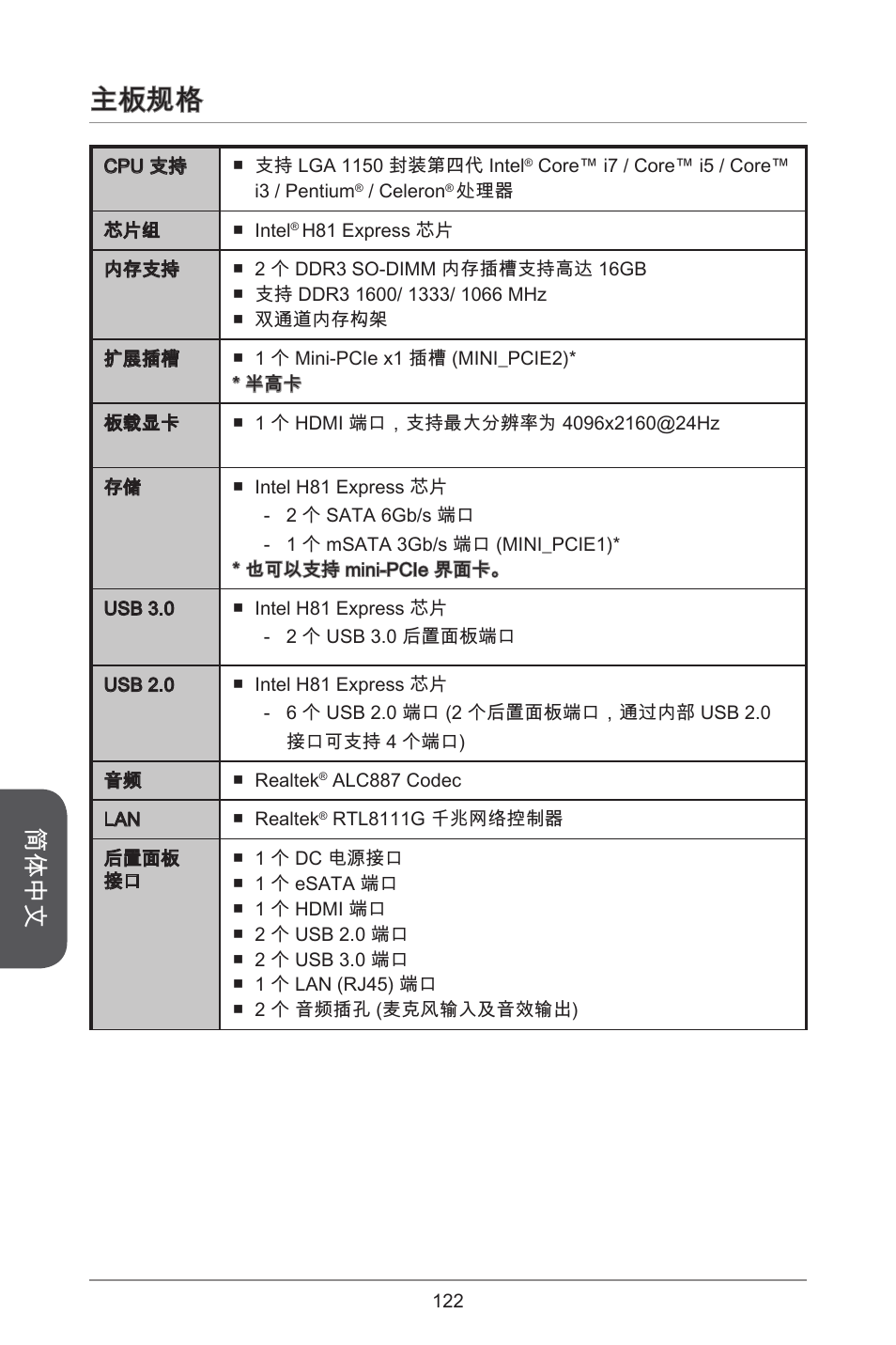 主板规格, 简体中文 | MSI H81TI User Manual | Page 122 / 186