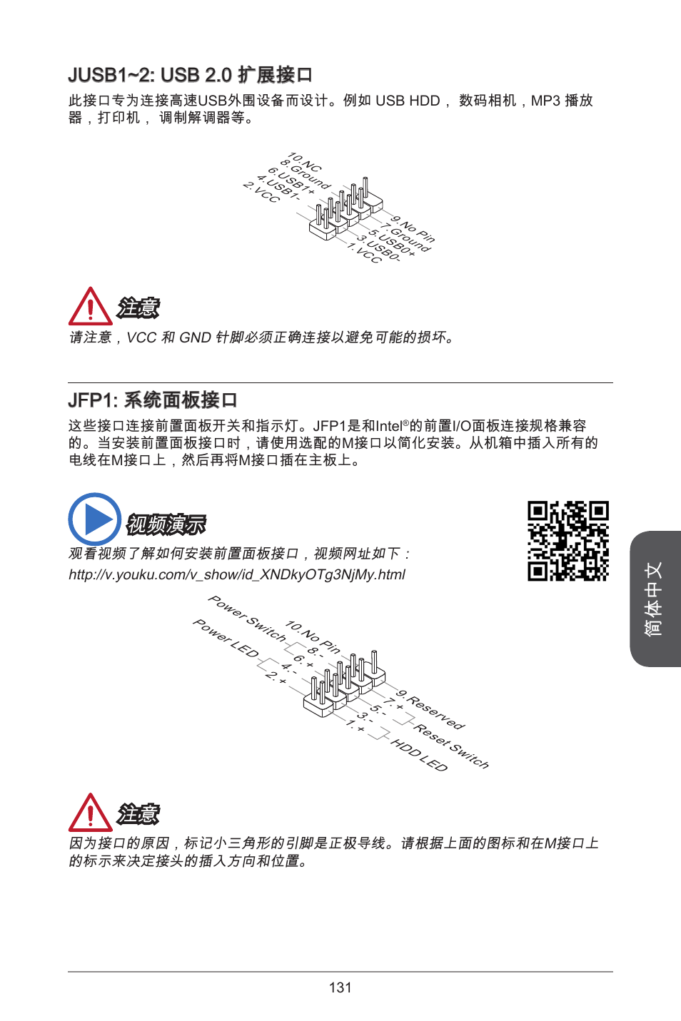 简体中文, Jusb~2: usb 2.0 扩展接口, Jfp: 系统面板接口 | 视频演示 | MSI H81TI User Manual | Page 131 / 186