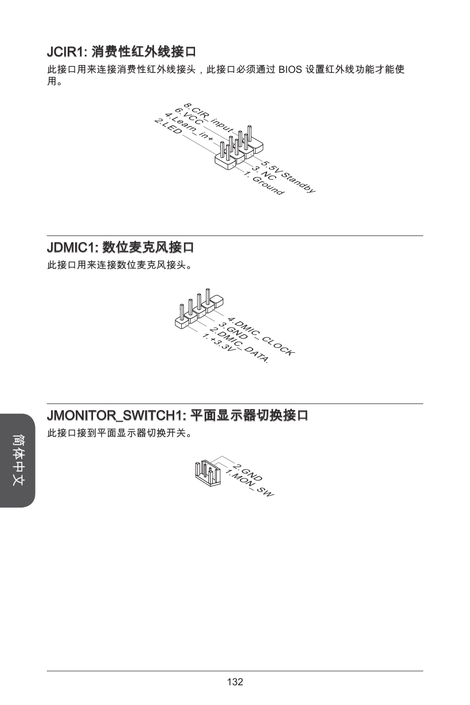 简体中文, Jcir: 消费性红外线接口, Jdmic: 数位麦克风接口 | Jmonitor_switch: 平面显示器切换接口 | MSI H81TI User Manual | Page 132 / 186