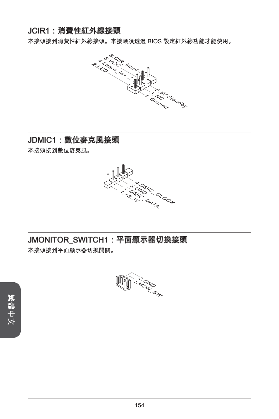 繁體中文 jcir：消費性紅外線接頭, Jdmic：數位麥克風接頭, Jmonitor_switch：平面顯示器切換接頭 | MSI H81TI User Manual | Page 154 / 186