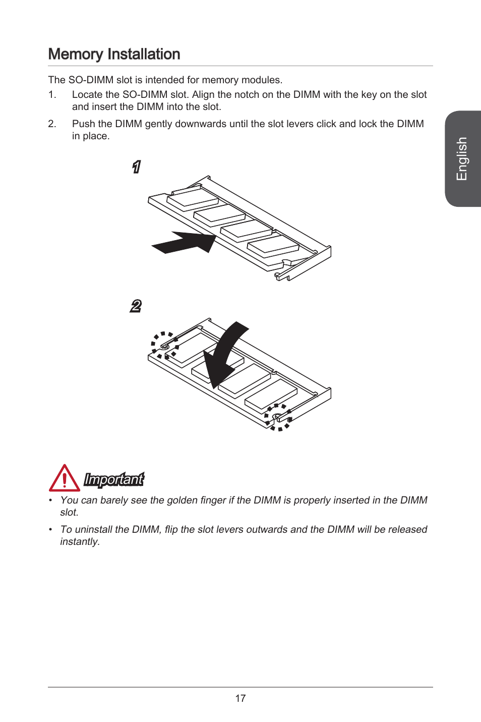 Memory installation, English, Important | MSI H81TI User Manual | Page 17 / 186