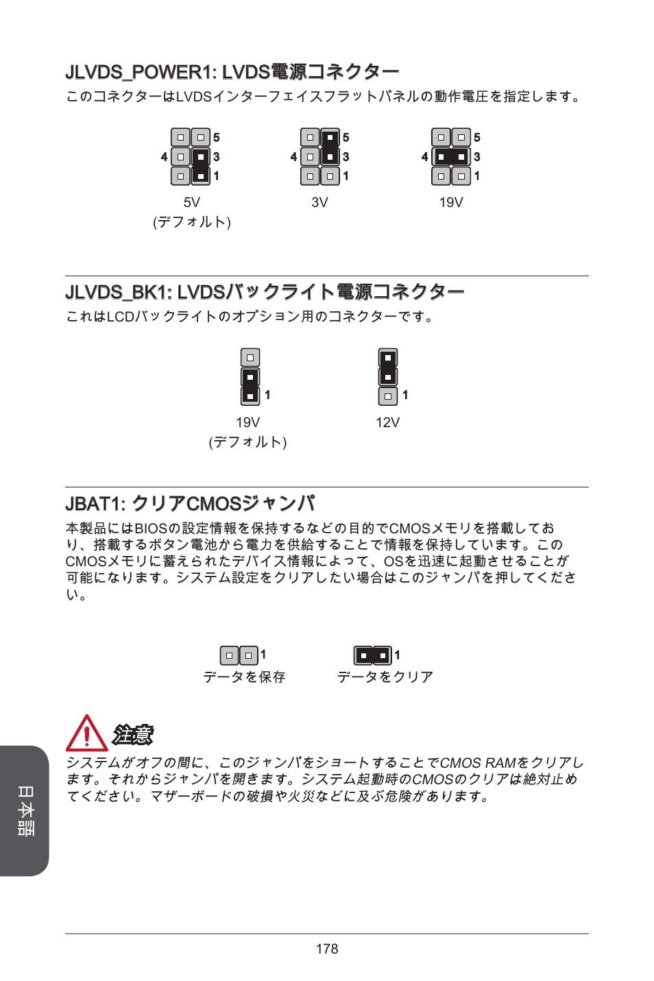 Jlvds_power: lvds電源コネクター, Jlvds_bk: lvdsバックライト電源コネクター, Jbat: クリアcmosジャンパ | MSI H81TI User Manual | Page 178 / 186